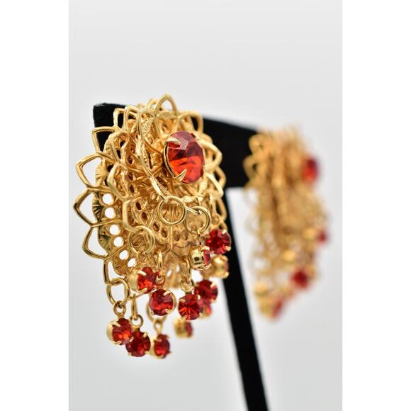 Vintage Dangle Clip On Earrings Coral Rhinestone Crystal Chandelier 1980s BinW - Picture 4 of 12